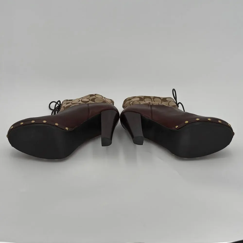 Coach F2370 Ediva Monogram Lace Up Block Heel Booties Brown Leather Size 9